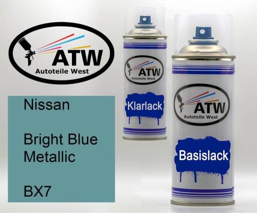 Nissan, Bright Blue Metallic, BX7: 400ml Sprühdose + 400ml Klarlack - Set, von ATW Autoteile West.